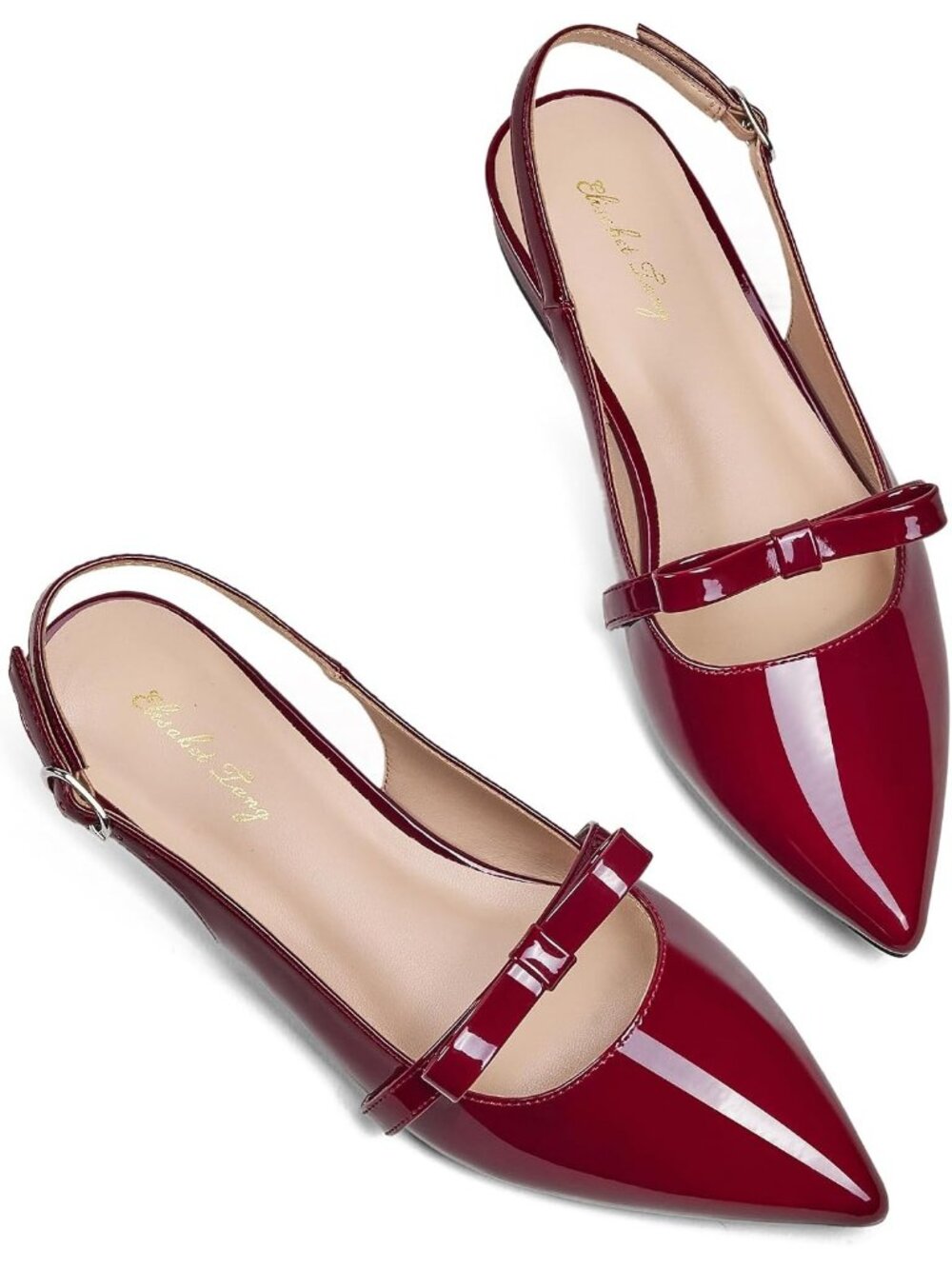 Women's Wine Red Soft Slingback Flat With Rhinestone Pointed Toe Backstrap Shoes